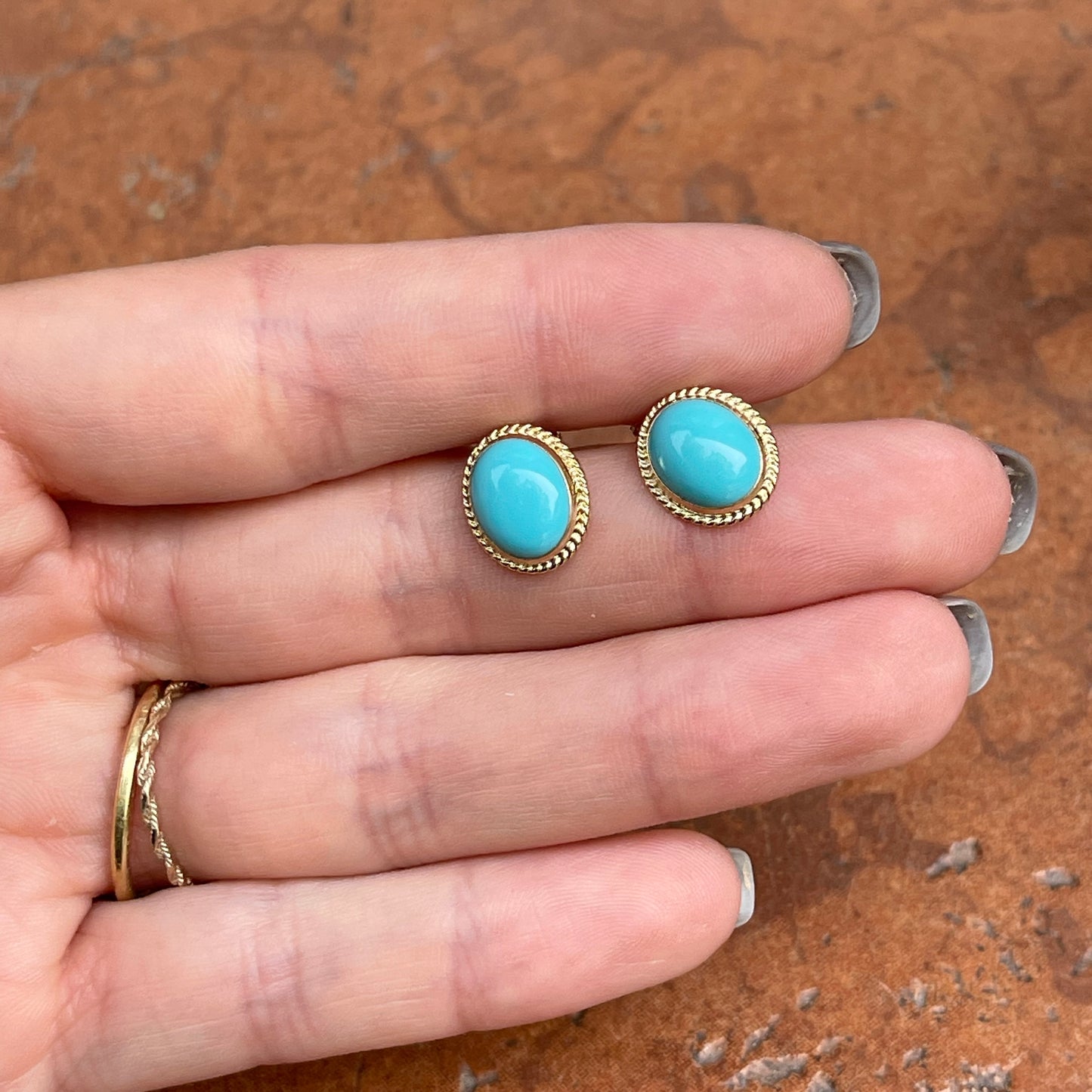 14KT Yellow Gold Oval Turquoise Milgrain Bezel Stud Earrings
