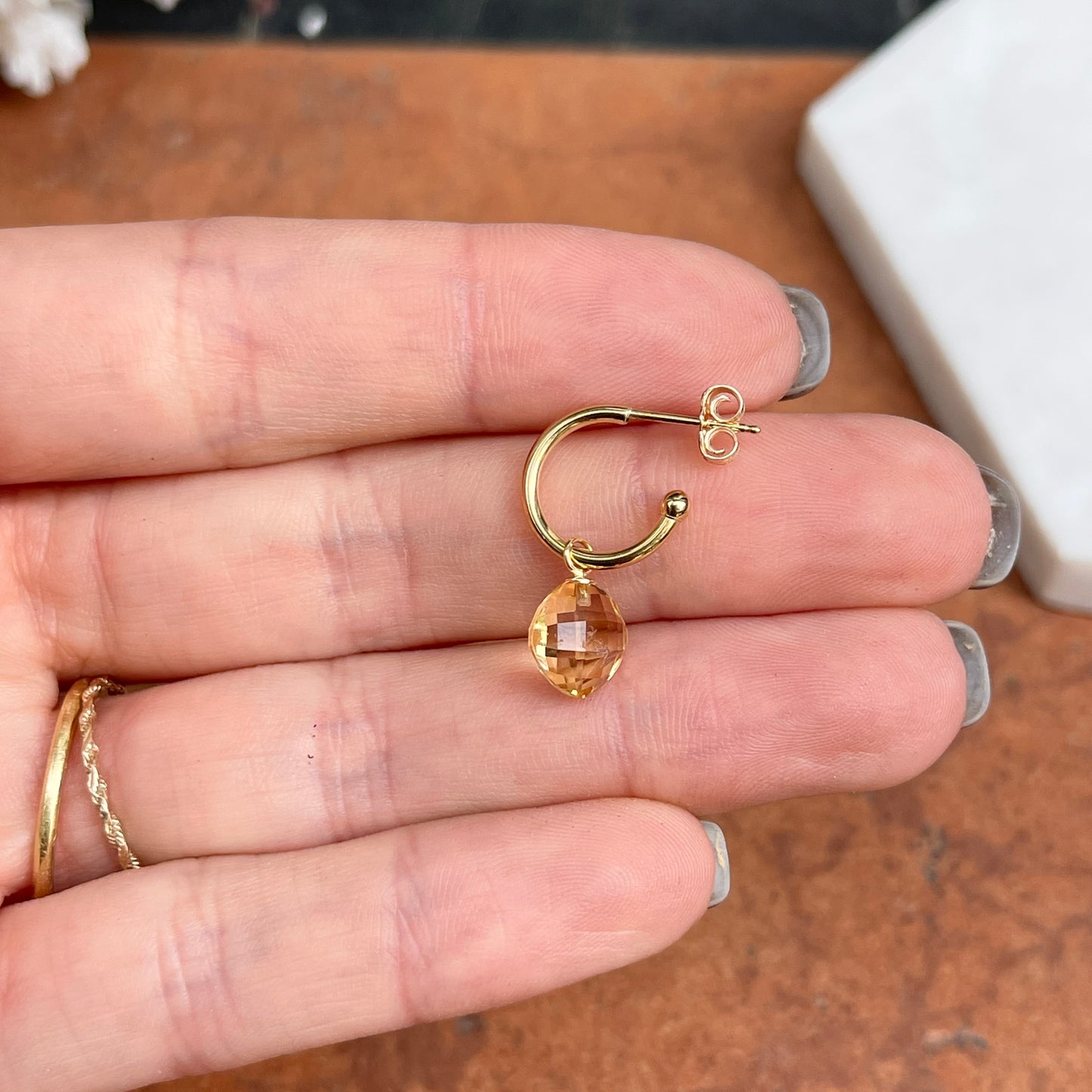 14KT Yellow Gold Checkerboard Citrine Dangle Hoop Earrings