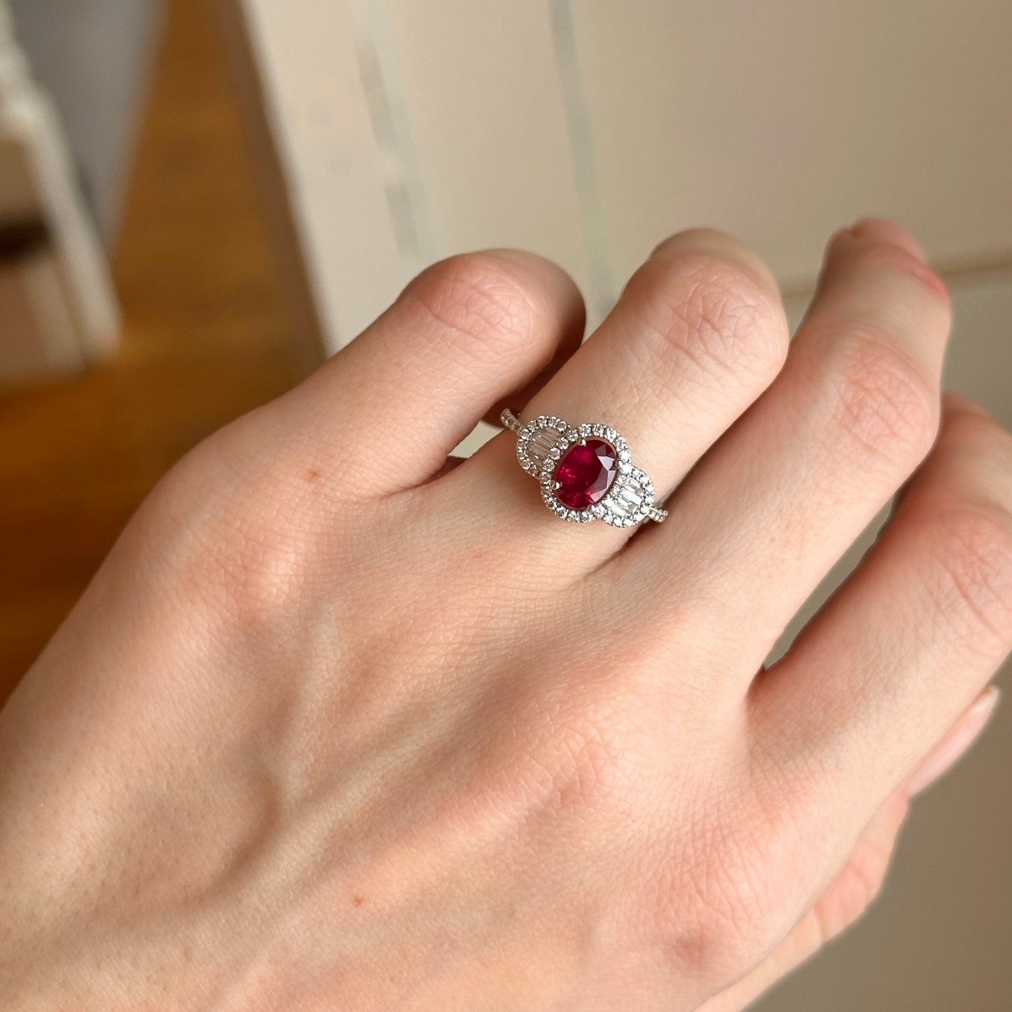 Estate 14KT White Gold Oval Ruby + Diamond Halo Ring