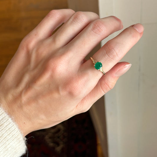 14KT Yellow Gold Oval .69 CT Colombian Emerald + Diamond Accent Ring