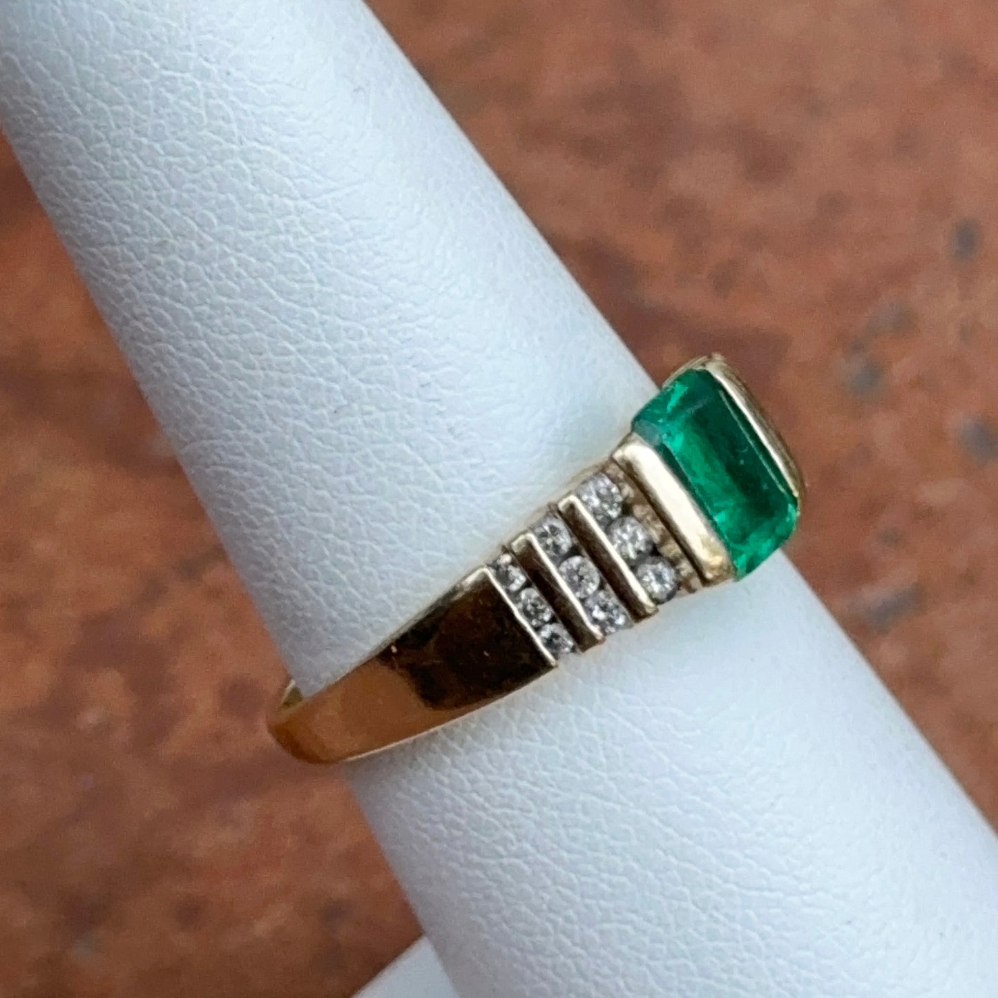 Estate 14KT Yellow Gold 1.00 CT Emerald-Cut Lab Emerald + Diamond Ring