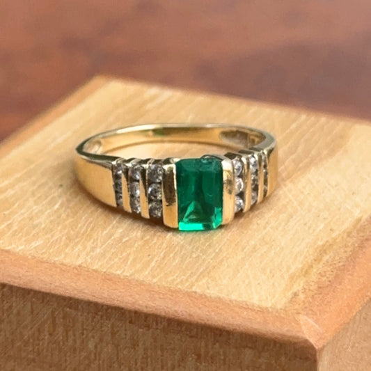 Estate 14KT Yellow Gold 1.00 CT Emerald-Cut Lab Emerald + Diamond Ring