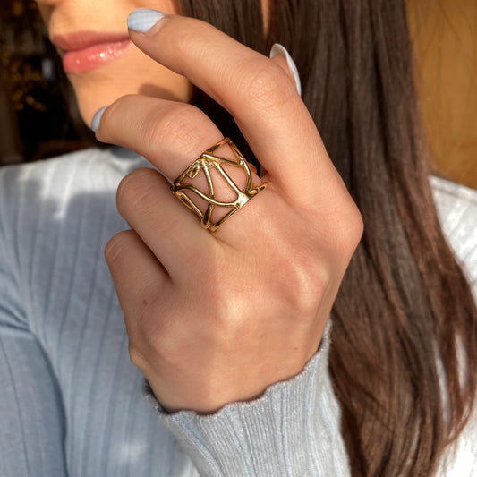 "The Sharona" 14KT Yellow Gold Wide Artistic Design Cigar Band Ring - LSJ