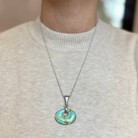 Sterling Silver Oval Turquoise Pendant Cable Necklace