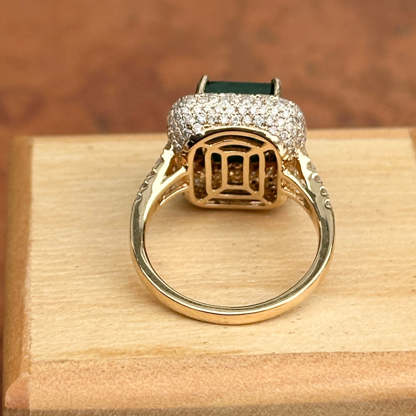 Estate 14KT Yellow Gold 4.64 CT Emerald-Cut Emerald + Pave Diamond Halo Ring