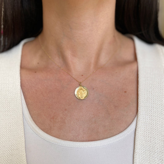 14KT Yellow Gold Satin St Benedict Round Medal Pendant 18mm
