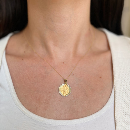 14KT Yellow Gold Matte St Benedict Round Medal Pendant 18mm
