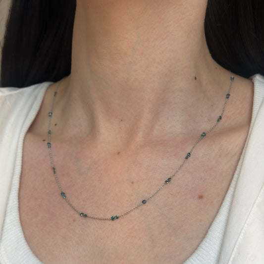 Estate 14KT White Gold Geometric Blue Diamond Station Necklace