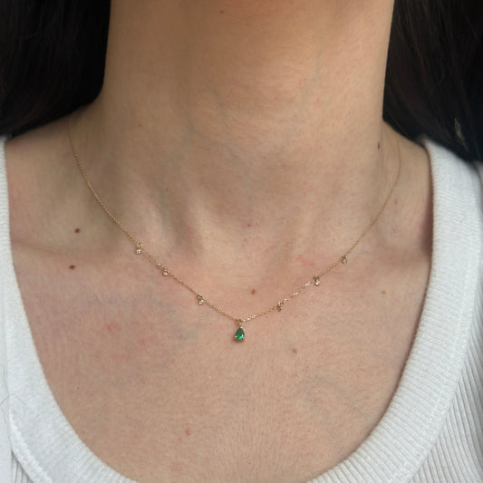 Estate 14KT Yellow Gold Teardrop Emerald + Diamond Station Dangle Chain Necklace