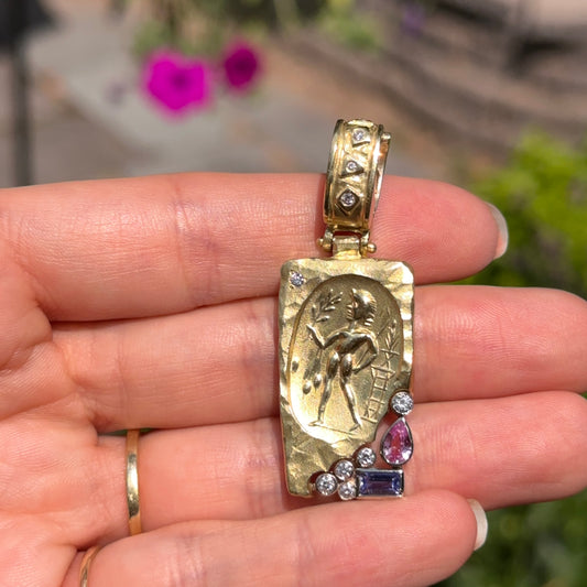 Estate Seidengang 18KT Yellow Gold Sapphire Tanzanite + Diamond Byzantine Pendant