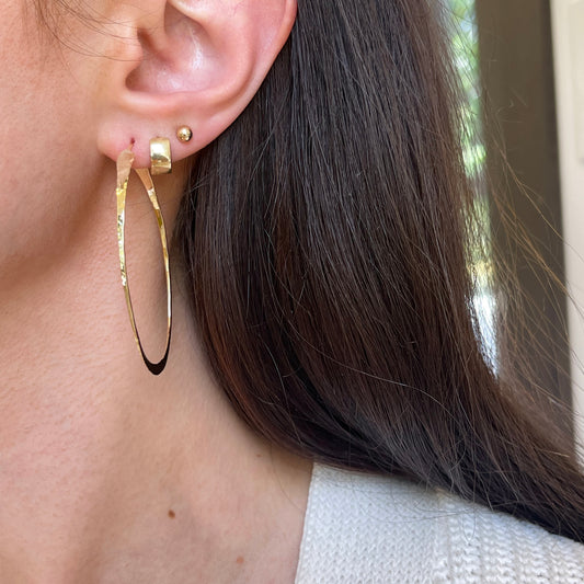 14KT Yellow Gold Oval Hammered Hoop Earrings 57mm