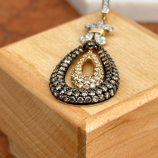 Estate 14KT Yellow Gold Pave Brown + White Diamond Fleur de Lis Pendant Slide