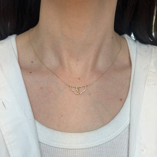 Estate 14KT Yellow Gold Double Diamond Heart Pendant Chain Necklace