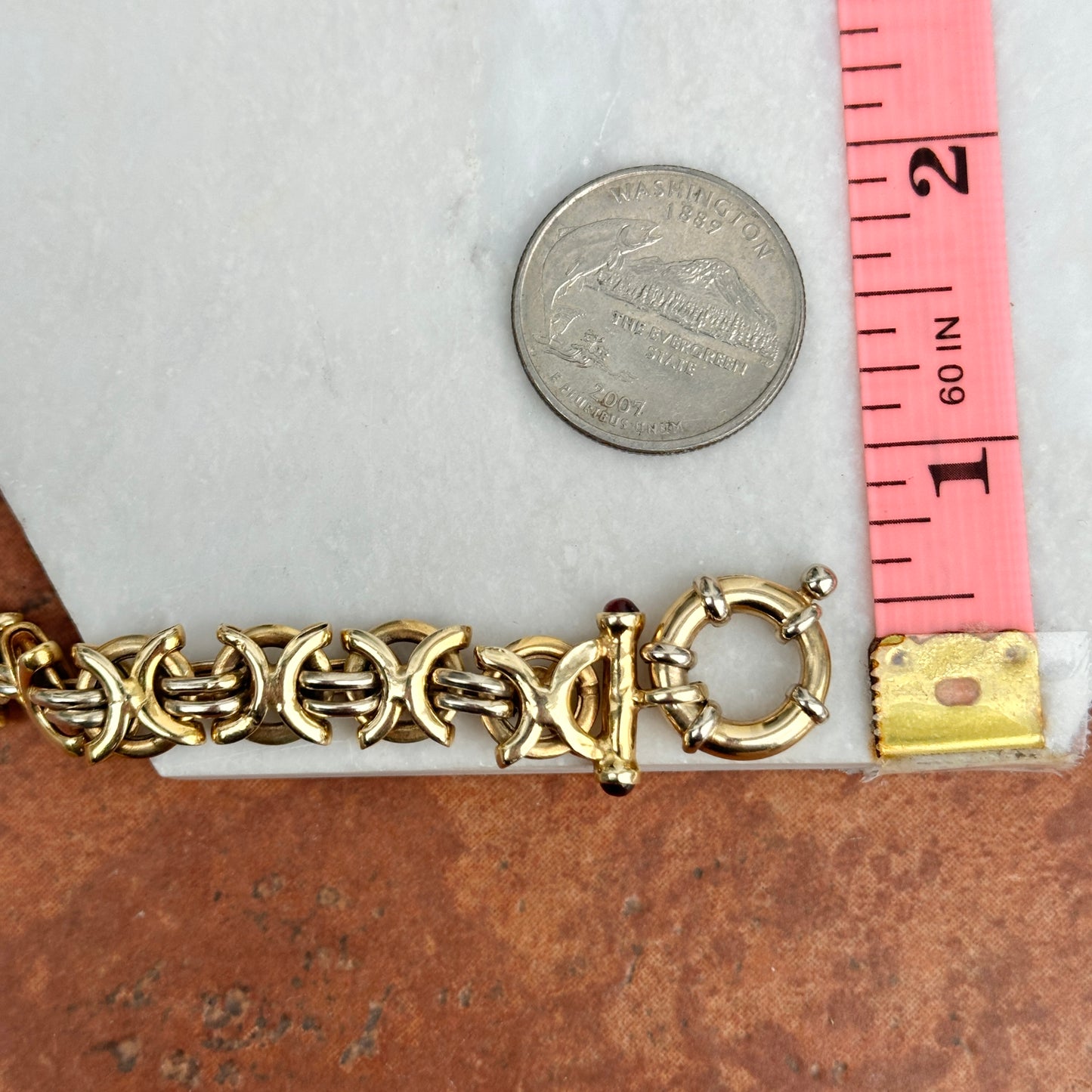 Estate 14KT White Gold and Yellow Gold Alternating Chain Garnet Toggle Bracelet