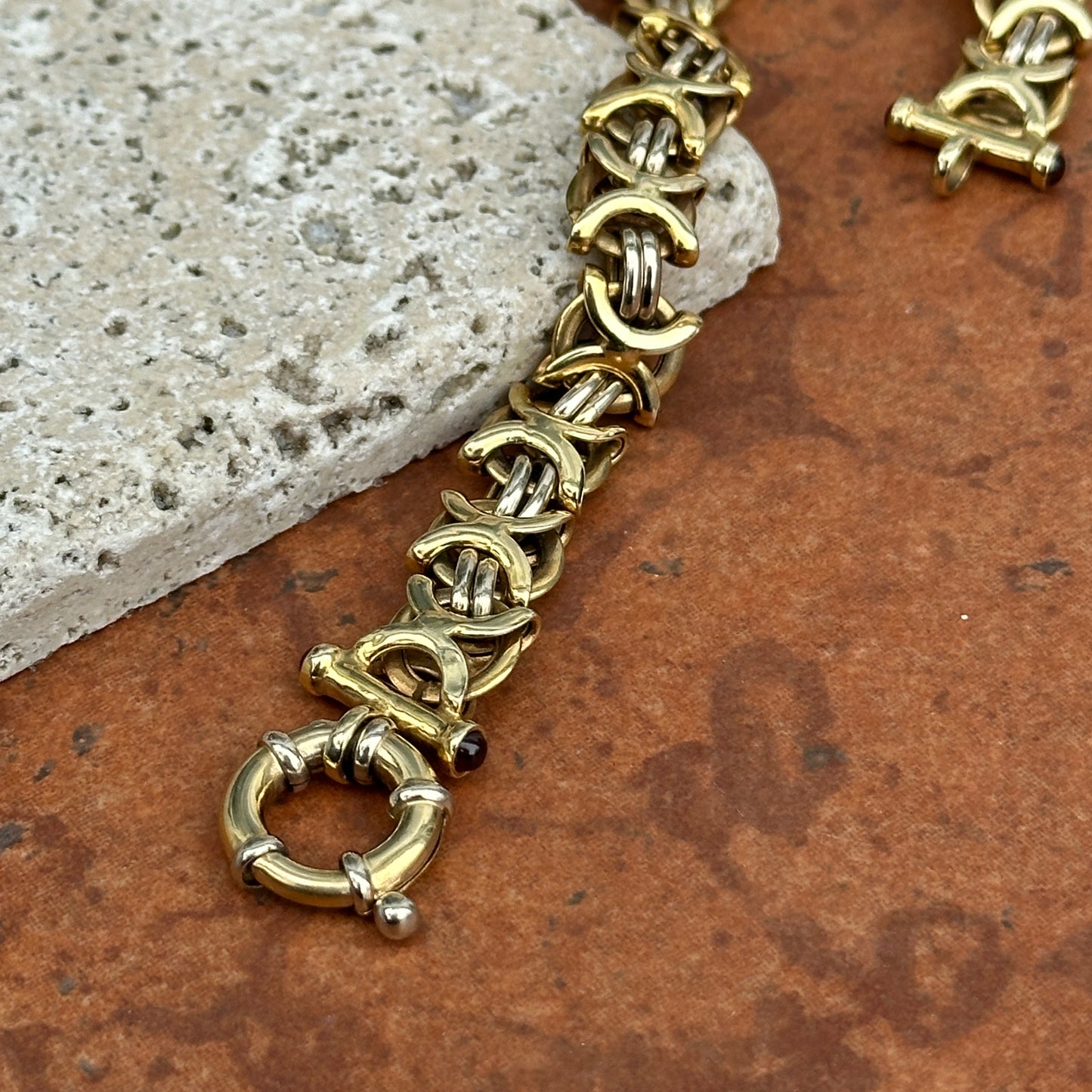 Estate 14KT White Gold and Yellow Gold Alternating Chain Garnet Toggle Bracelet