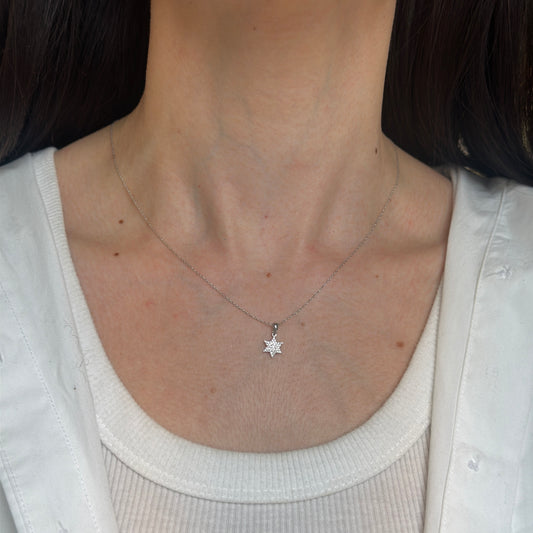 14KT White Gold Pave Diamond Star of David Pendant Charm Chain Necklace