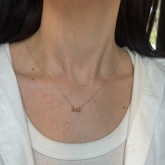 Estate 14KT Yellow Gold + (3) Round Pink Tourmaline Diamond Pendant Necklace