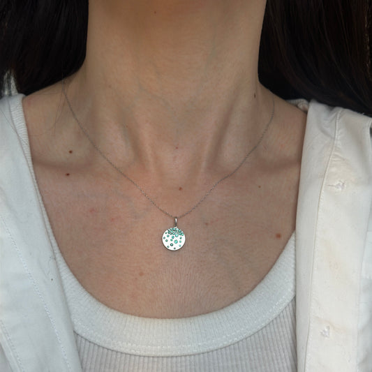 14KT White Gold Emeralds Gypsy Set Disc Pendant Chain Necklace