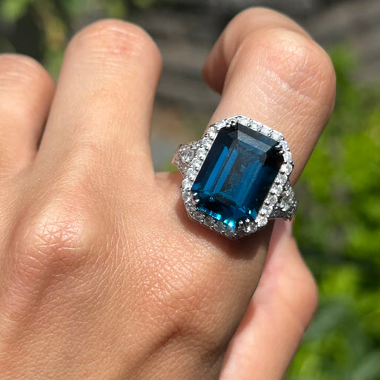 Estate 14KT White Gold Emerald-Cut Blue Topaz + Diamond Ring