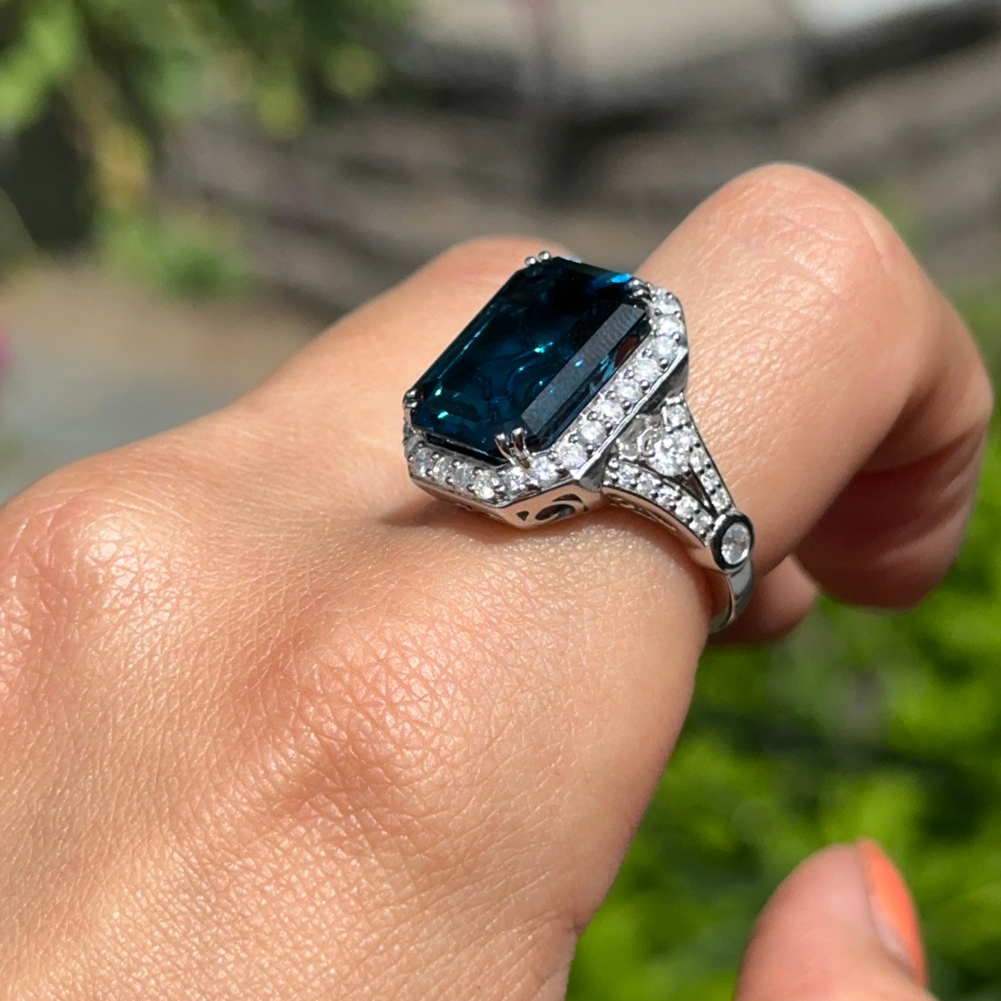 Estate 14KT White Gold Emerald-Cut Blue Topaz + Diamond Ring
