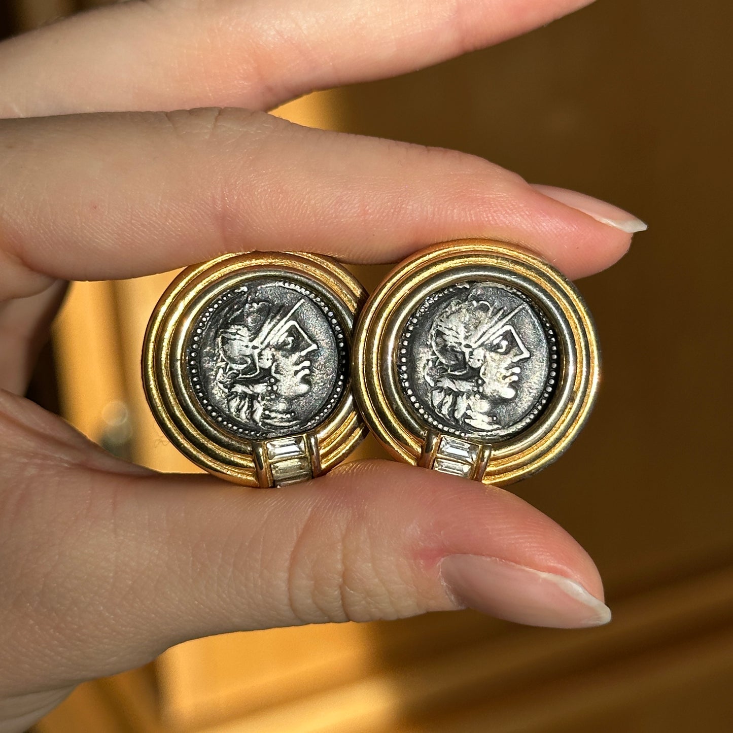 Estate Gold-Tone Bezel Replica Ancient Roman Coin Clip-On Earrings