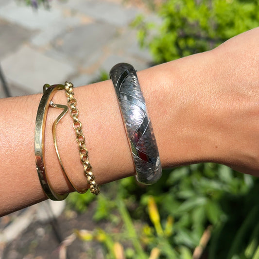 Estate Prime Art Sterling Silver Etched Domed Bangle Bracelet