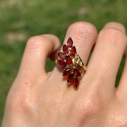 Estate 18KT Yellow Gold Marquise Garnet + Diamond Spray Band Ring