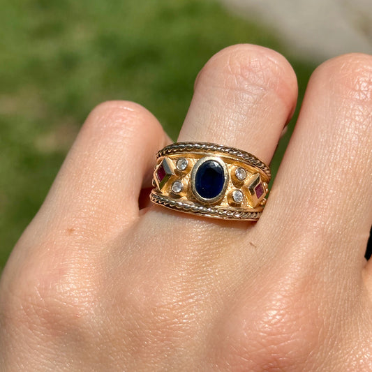 Estate 14KT Yellow Gold Matte Byzantine Oval Sapphire and Ruby Diamond Cigar Band Ring