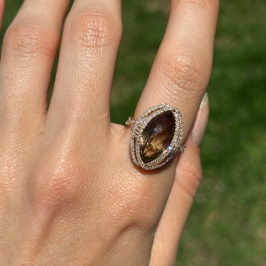 Estate 14KT Yellow Gold Marquise Smokey Quartz + Diamond Band Ring