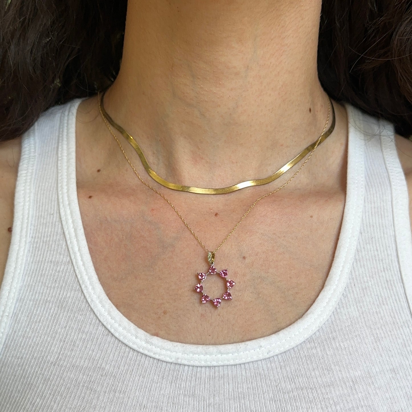 14KT Two-Tone White Gold Pink Tourmaline Round Pendant Chain Necklace