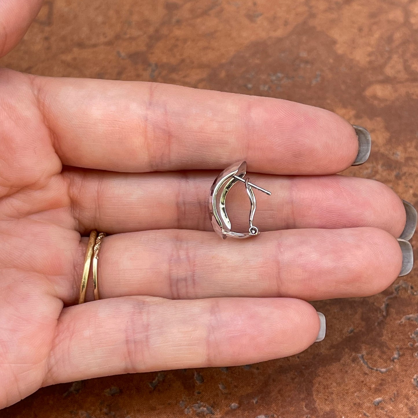 14KT White Gold Hammered Omega Back Earrings