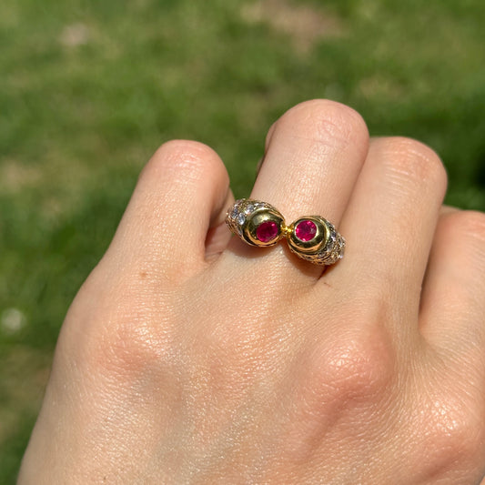 Estate 18KT Yellow Gold Pave Diamond + Ruby Bypass Ring