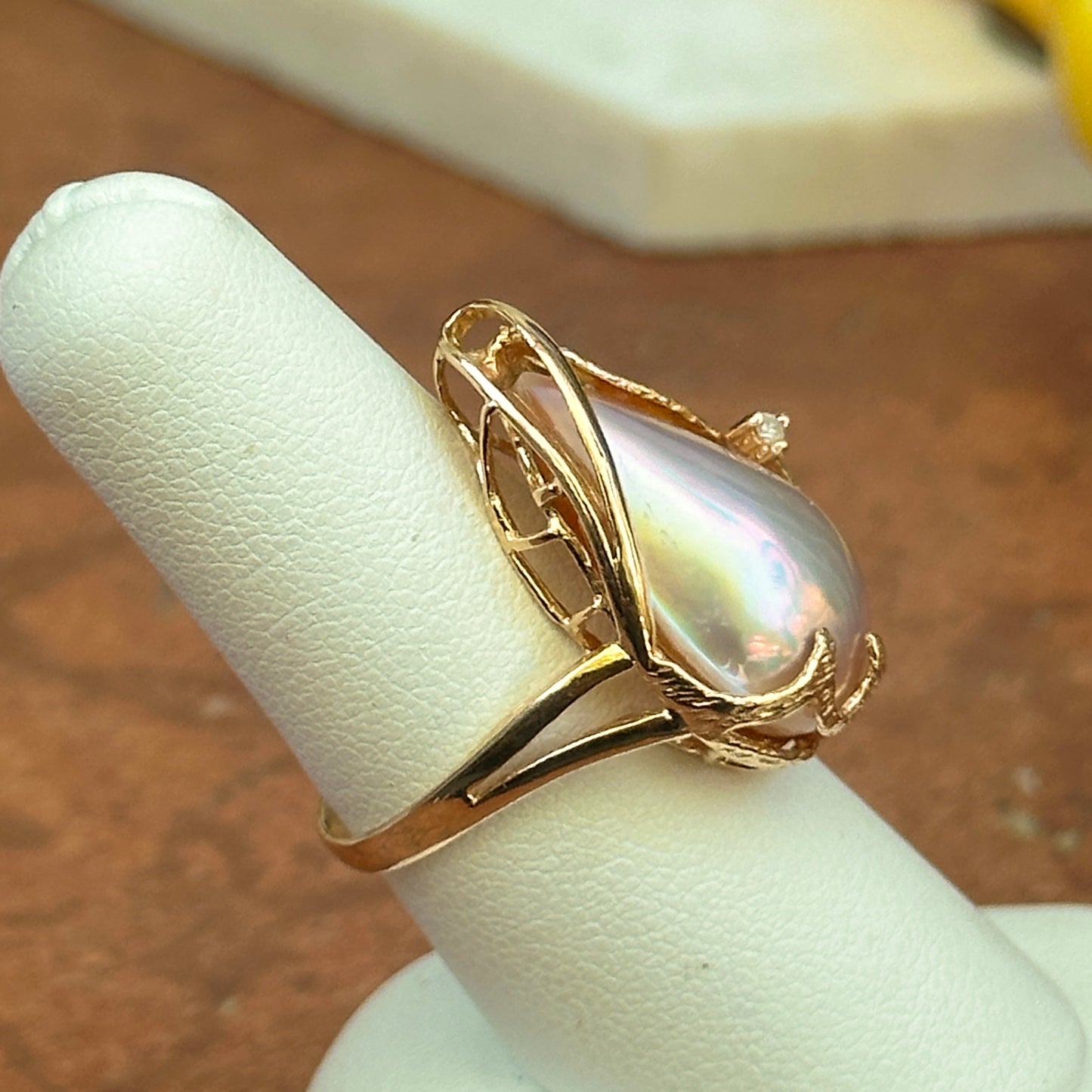 Estate 14KT Genuine Teardrop Pink Mabe Pearl + Diamond Ring