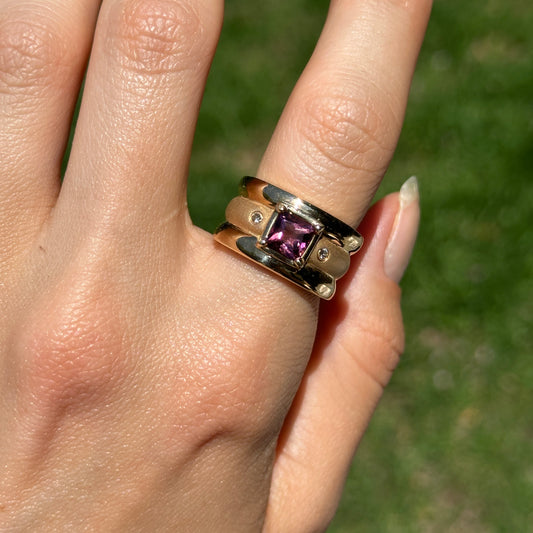 Estate 14KT Yellow Gold Square Pink Sapphire + Diamond Wide Band Ring