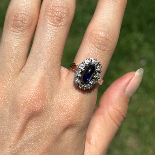 Antique 14KT Yellow Gold Halo Diamonds + Oval Cabochon Blue Sapphire Ring