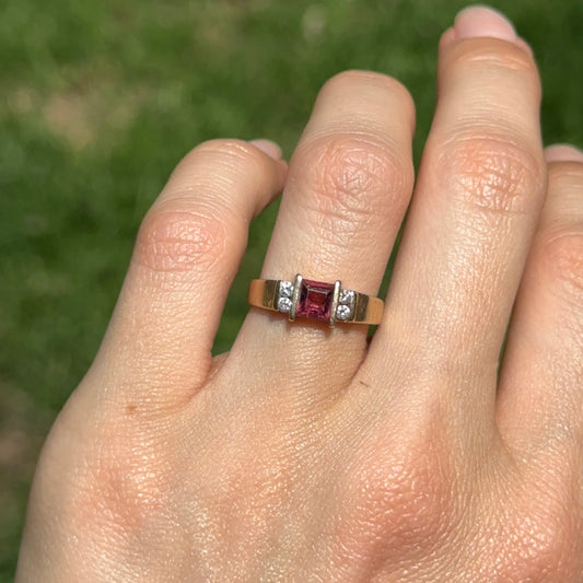 Estate 14KT Yellow Gold Rhodolite Garnet or Pink Tourmaline + Diamond Ring