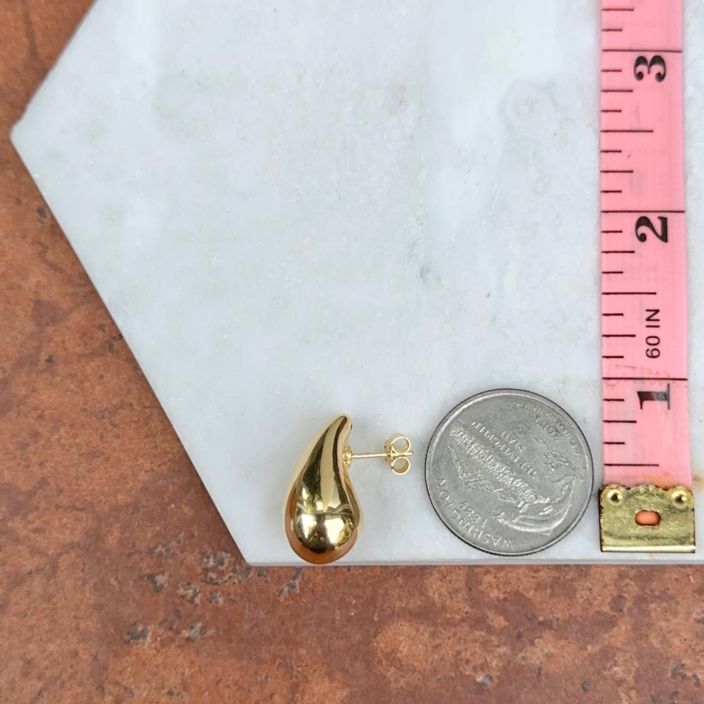 18KT Yellow Gold Tapered Puffed Teardrop Drop Post Earrings 21mm