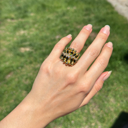 Estate ‘70s 18KT Yellow Gold Marquise Green Tourmaline + Diamond Band Ring