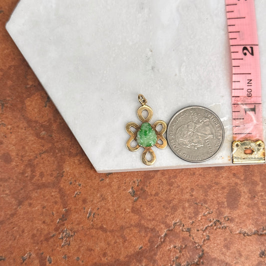 Estate 14KT Yellow Gold Ornate Carved Green Jade Buddha Pendant