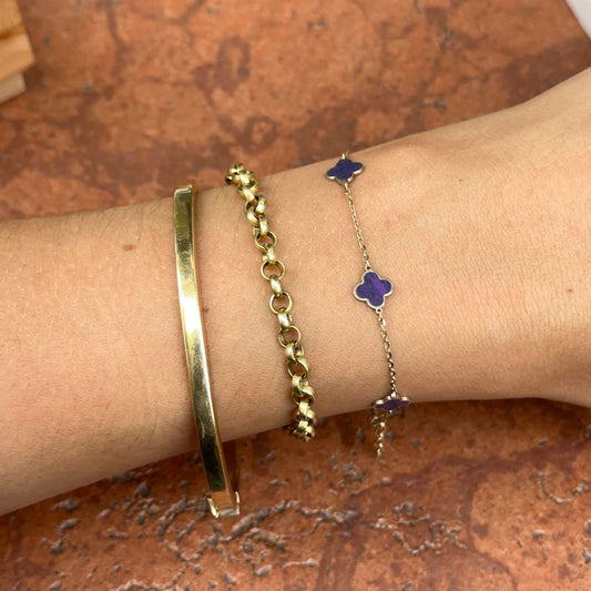 14KT Yellow Gold 7mm Purple Amethyst Clover Station Chain Bracelet