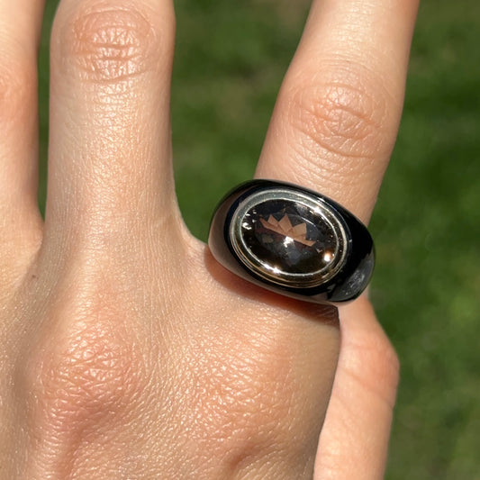 Estate 10KT Yellow Gold Black Onyx Band + Large Oval Smokey Quartz Ring