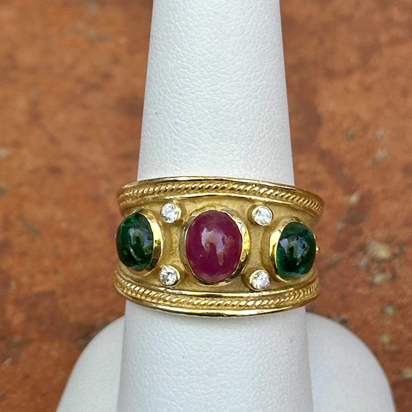 Estate 18KT Yellow Gold Byzantine Oval Emerald Ruby + Diamond Cigar Band Ring