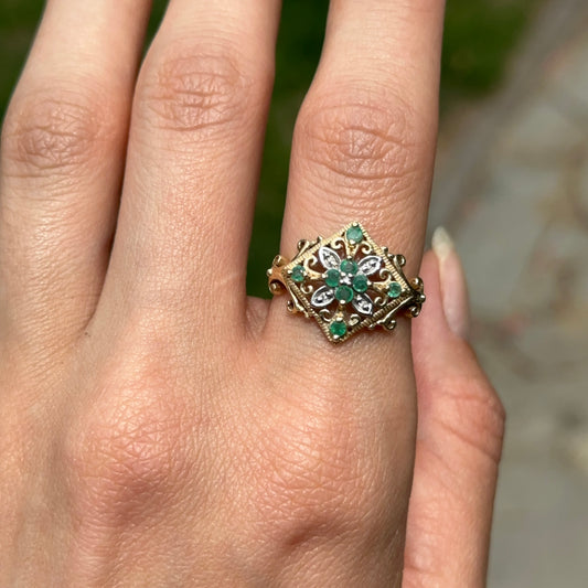 Estate 14KT Yellow Gold Colombian Square Emerald with Diamond Filigree Band Ring