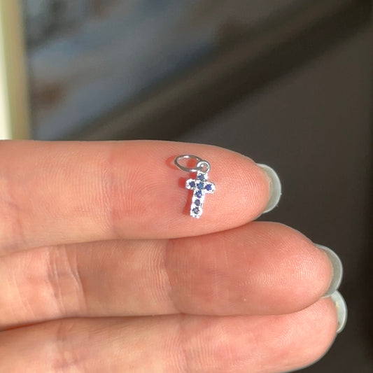 14KT White Gold Mini Blue Sapphire Cross Charm Pendant TINY