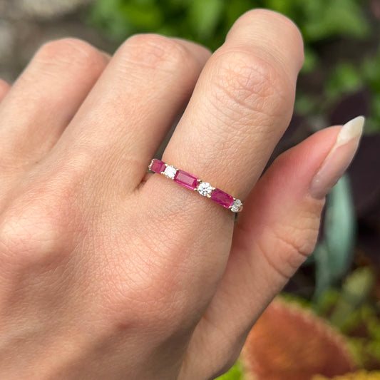 Estate 18KT Yellow Gold Baguette-Cut Ruby + Diamond Band Ring