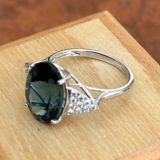 Estate 14KT White Gold Oval London Blue Topaz + Pave Diamond Ring
