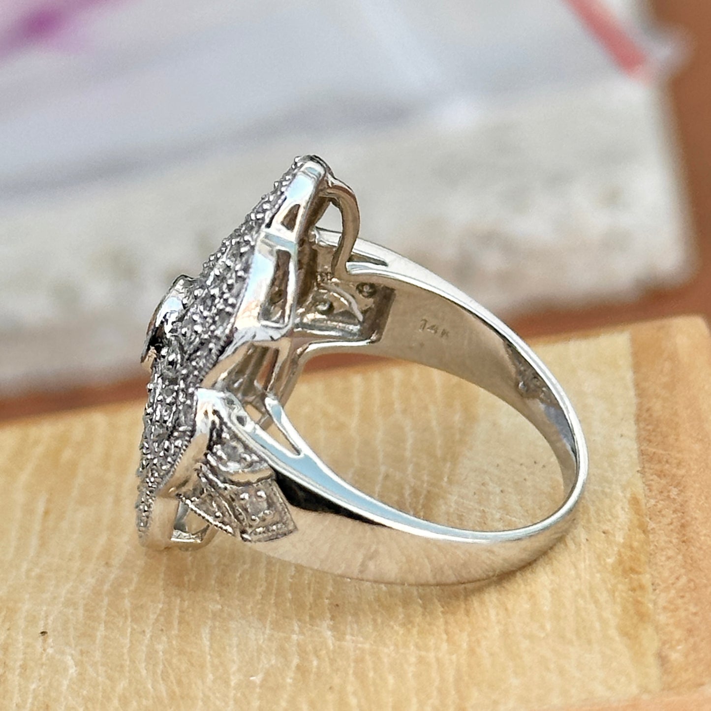 Estate 14KT White Gold Diamond Filigree + Citrine Ring