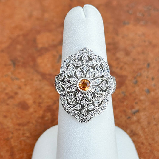 Estate 14KT White Gold Diamond Filigree + Citrine Ring