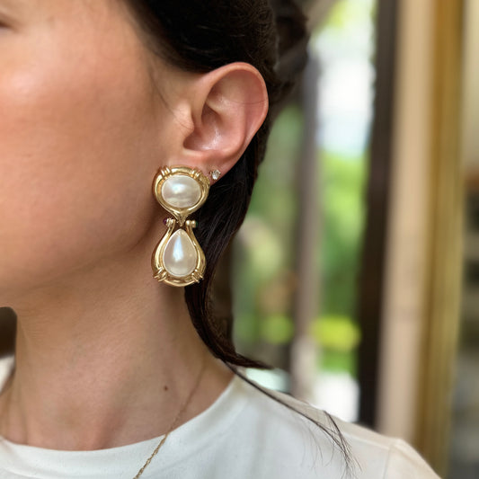 Estate 14KT Yellow Gold Mabe Pearl, Ruby + Emerald Clip-On Earrings