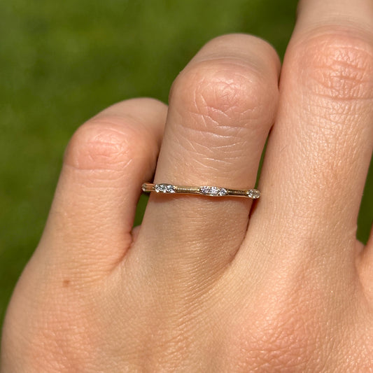 10KT Yellow Gold Round Diamond Stackable Beaded Band Ring